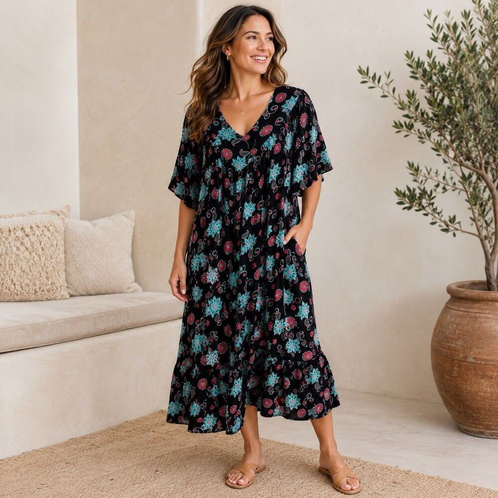 Bechamel Floral Red & Teal Short Sleeve Lounge House Dress Mumu Midi Women Large